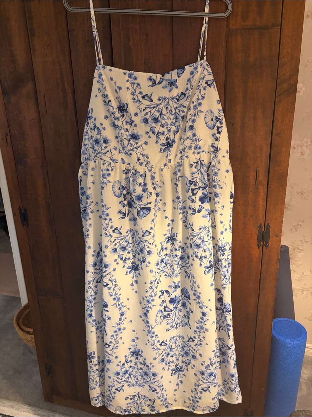 H&M Cream Maxi Dress with Blue Floral Print and Spaghetti Straps